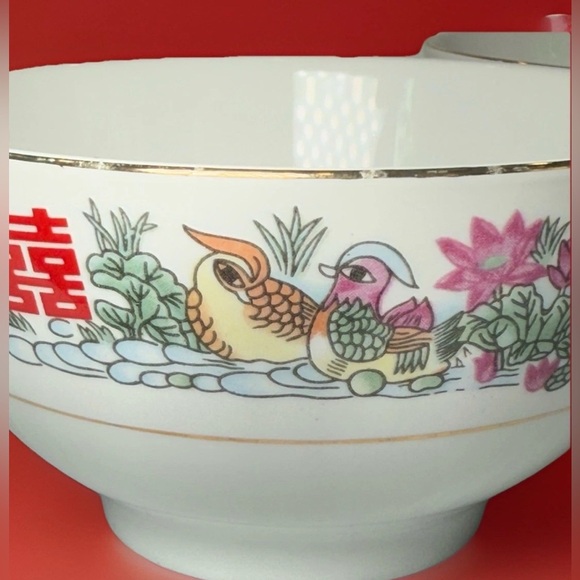 Vtg Chinese Porcelain Rice Soup Bowls Set Of 4 Birds Oriental Happiness Wedding - Picture 3 of 9